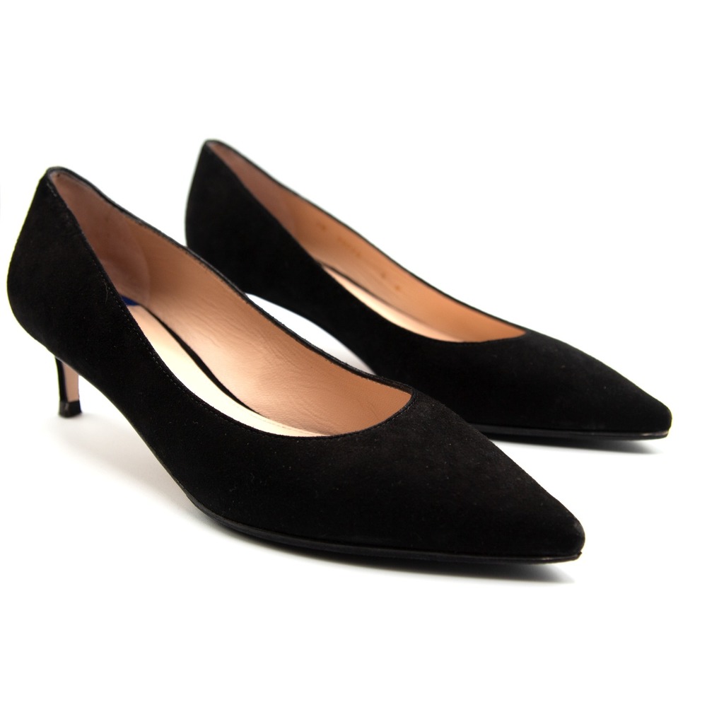 Stuart Weitzman Leigh 45 Black Suede Pointed Toe Kitten Heel Pumps 6M